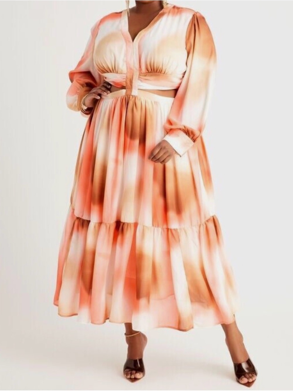 Tie-Dye Tiered Maxi Dress in Peach & Cream